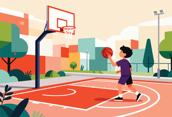 Young boy playing basketball on an outdoor court with urban buildings in the background
