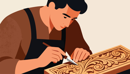 Craftsman meticulously carves intricate floral patterns into wood