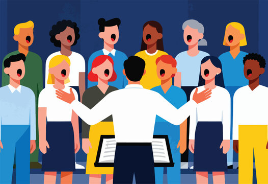 Diverse singers in a chorus perform under a conductor's direction