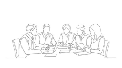 A group of five professionals in a meeting, discussing and collaborating around a table with laptops and documents.