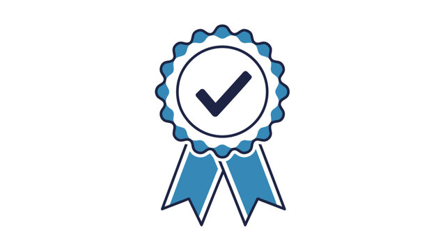 A blue and white ribbon award with a checkmark inside a circle, signifying approval or quality.