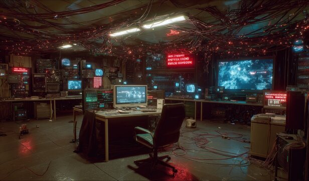 Dark interior with computer screens and illuminated signs - Powered by Adobe