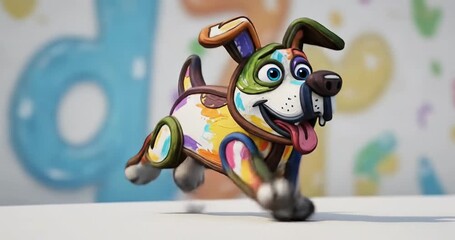 Colorful cartoon dog figurine playfully running against a vibrant, artistic background