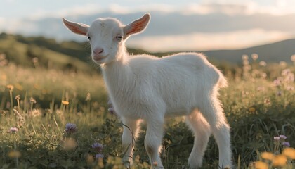 Obraz premium Fluffy white baby goat kid standing gracefully in blooming wildflower meadow at golden hour