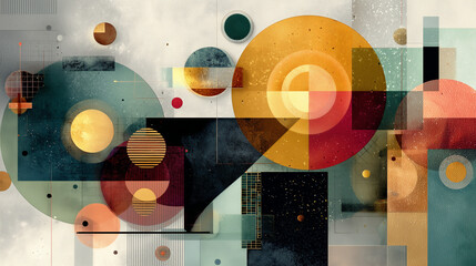 A vibrant abstract artwork featuring geometric shapes and colorful circles on a textured background