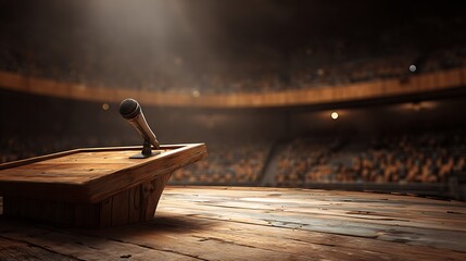 Obraz premium Wooden podium and microphone on stage, audience blurred in background. Warm light ambiance