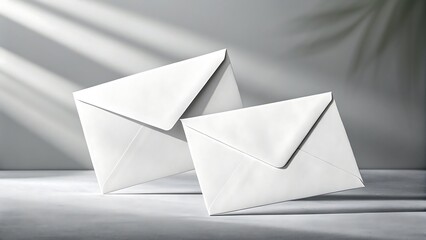 Three pristine white envelopes stacked and floating in minimalist space for communication and messaging concepts