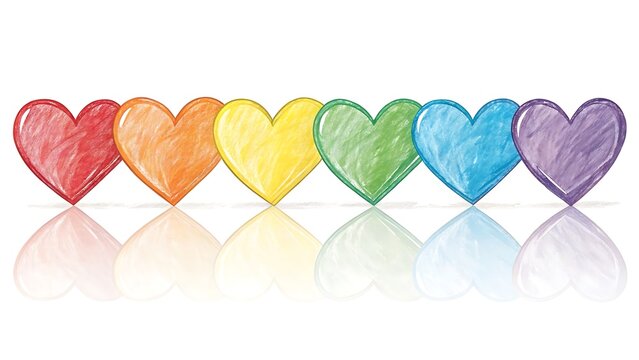 Vibrant hand-drawn hearts in rainbow colors reflecting on glossy surface symbolizing love and diversity - Powered by Adobe