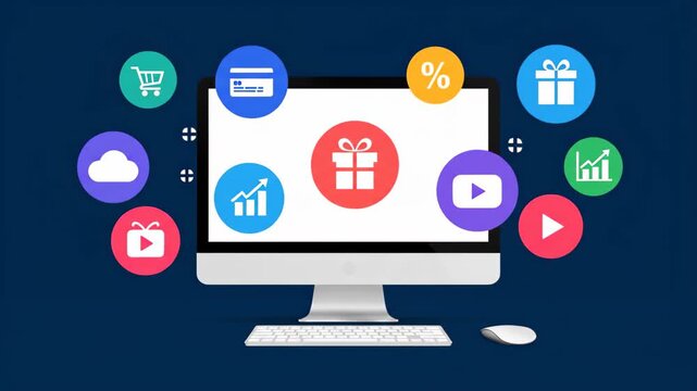 Modern computer setup with cloud and software icons on screen
