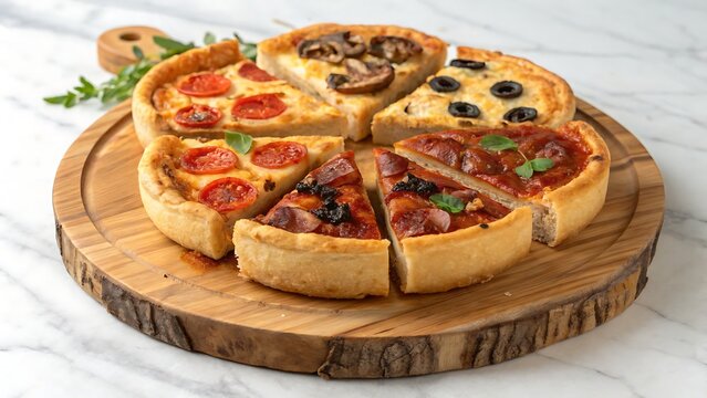 Six freshly baked gourmet mini pizzas with diverse toppings arranged on a rustic wooden board for a delicious meal
