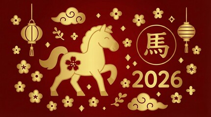 Fototapeta premium Flat vector illustration of gold horse shio symbol, traditional chinese lanterns, chinese clouds, flowers - Chinese New Year 2026 celebration, Year of the horse, Lunar, spring festive holiday concept
