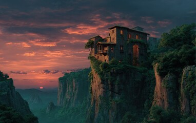 Fototapeta premium Dramatic landscape with a building on a cliff edge at sunset