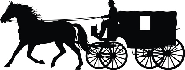 Horse-drawn carriage silhouette, traditional transportation with a driver on a vintage covered wagon or stagecoach, black vector illustration. © parves's world