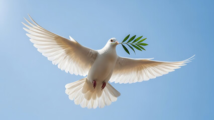 White dove flying freely in a blue sky symbolizing peace and freedom