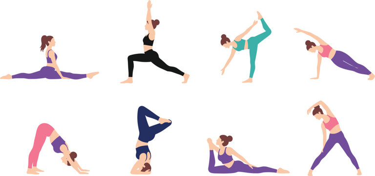 Collection of colorful flat vector illustrations of women performing various yoga poses and fitness stretches for wellness, health, and exercise design.
