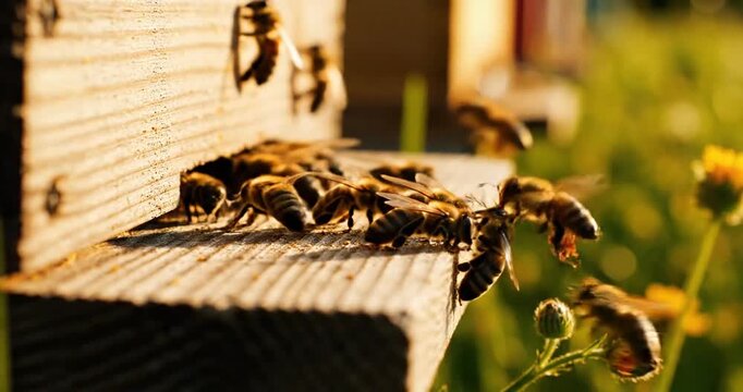 Close-up of bees buzzing around a wooden hive in a vibrant green garden during daytime