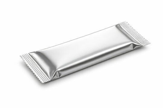 Silver foil snack bar wrapper isolated on white background, blank metallic packaging mockup, horizontal flow wrap pouch with crimped ends, realistic product template