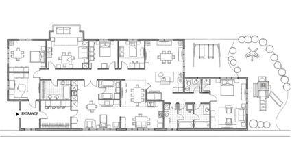 High-Quality Black Line Art of Daycare and Preschool Floor Plan Layout