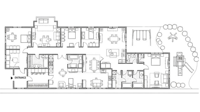 High-Quality Black Line Art of Daycare and Preschool Floor Plan Layout