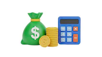 3D Render of Money Bag, Coins, and Calculator