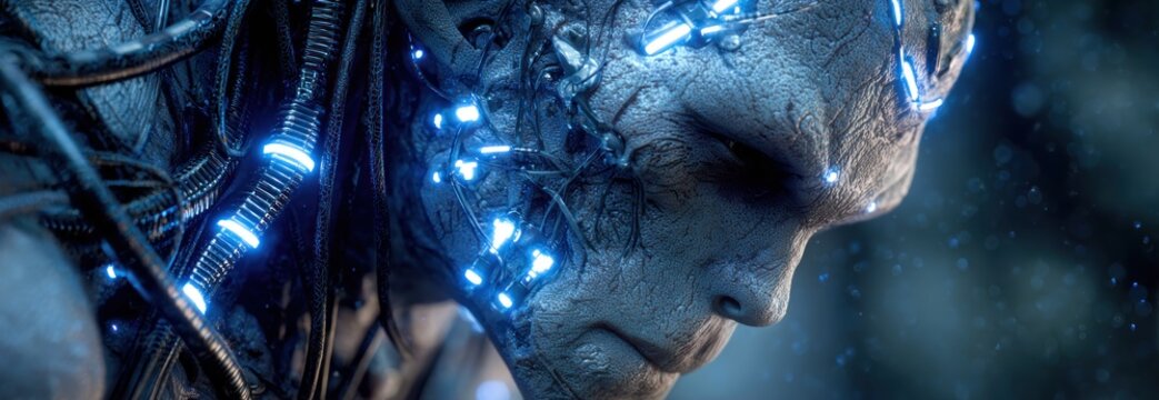 Futuristic alien profile with glowing blue elements and intricate details