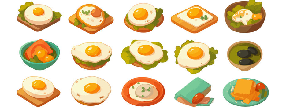 Zestaw ilustracji jedzenia: jajka sadzone, tosty, sałatki i inne przysmaki na białym tle.
