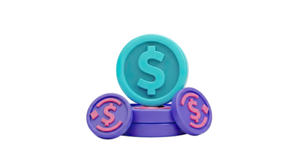 3D Rendered Dollar Coins with Purple and Teal Colors