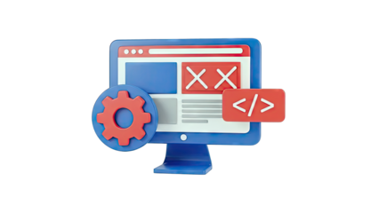 3D Icon: Computer with Coding and Settings Symbols