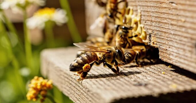 Close-up of bees gathering pollen at a wooden hive surrounded by flowers in a sunny garden