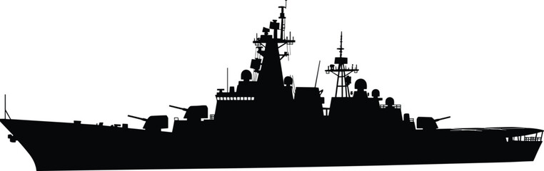 Large Naval Warship Destroyer Silhouette Vector, Military Boat, Navy Vessel, Marine Defense, Maritime Combat, Army Fleet Transport © parves's world