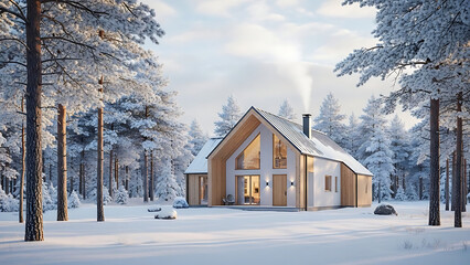snowy house in forest with trees and snow on ground transparent background