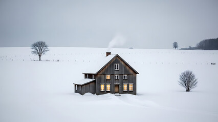 snowy house with lit windows in winter landscape transparent background