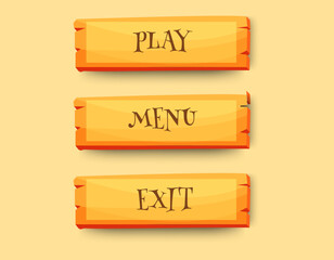Game menu buttons interface with wooden planks texture. play, menu, exit game button UI design. vector