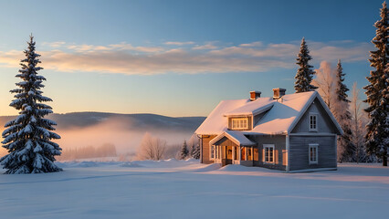 snowy house with trees and mountain in background transparent background