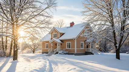 snowy house with trees and sun in the background transparent background