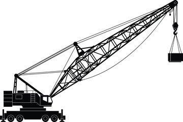 Lattice boom crawler crane silhouette lifting heavy block or container, construction, industrial lifting, and port loading equipment vector. © parves's world
