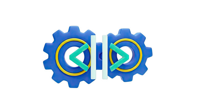Abstract 3D Gears with Arrows and Vertical Bars - Powered by Adobe