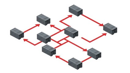 Abstract network diagram with interconnected nodes and directional arrows illustrating data flow and communication pathways.