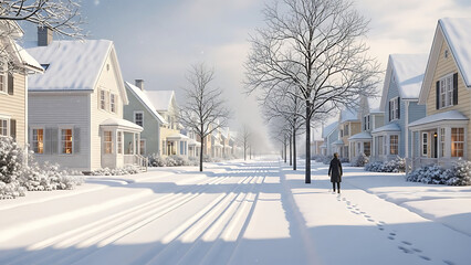 snowy residential street with houses and a person walking transparent background