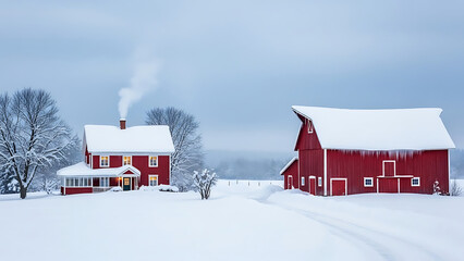 snowy rural farm with red house and barn transparent background