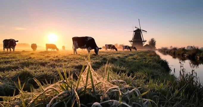 Cows grazing in a misty field at sunrise near a traditional windmill by a tranquil stream