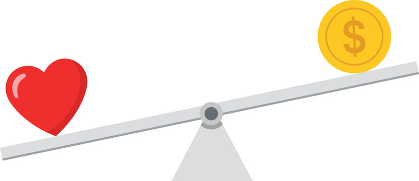 Red heart and gold dollar coin on a tilted balance scale money love