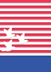 Three white birds in flight flying againts a red and white stripe and a blue background.