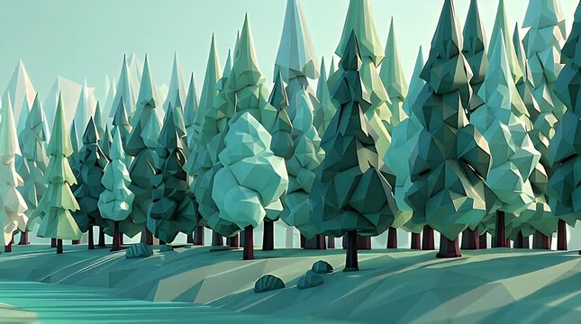 Low Poly Forest Landscape with Simplified Trees and Hills