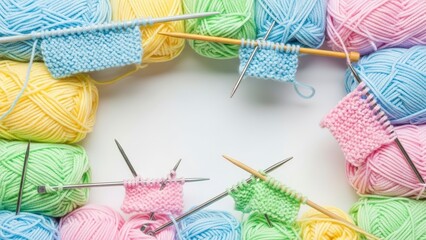 Colorful Yarn Balls and Knitting Needles Arranged in a Frame on a White Background.