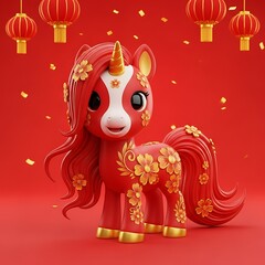 Fototapeta premium Cute Red and White Unicorn with Golden Flowers on Red Background for Chinese Zodiac Year of the Horse