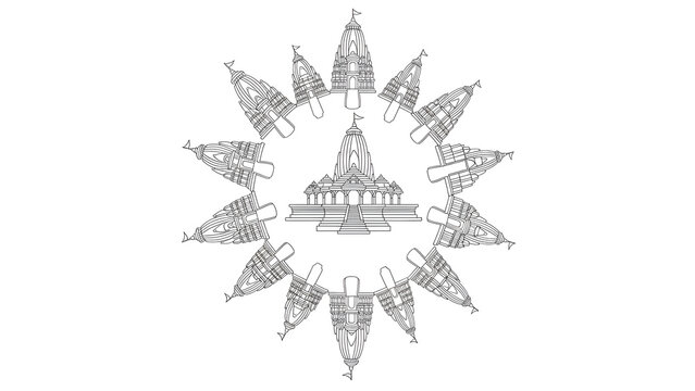 Silhouettes of the 12 Jyotirlinga temples vector arrangement. Detailed Hindu temple line art for Maha Shivratri pilgrimage theme.
