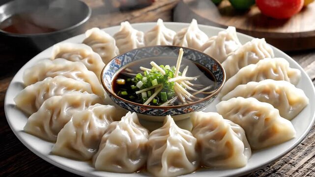 Close up of dumplings arranged on a white plate with dipping sauce