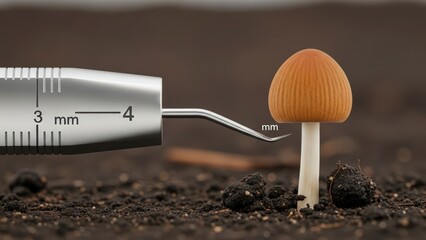 Close-up of a small mushroom being measured by a dental probe on dark soil.