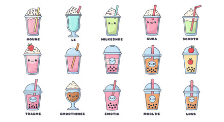 Sweet and creamy cartoon drinks A charming set of bubble tea, milkshake, and smoothie illustrations with cute smiling faces, ideal for playful graphic designs